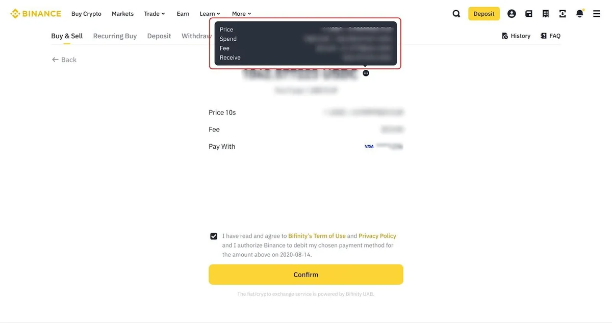 Binance card purchase confirmation screen with a Price 10s quote timer, Fee and Pay With rows, a box listing Price, Spend, Fee and Receive, a checkbox authorising Binance to debit the chosen payment method, a Confirm button and a footer line naming Bifinity UAB