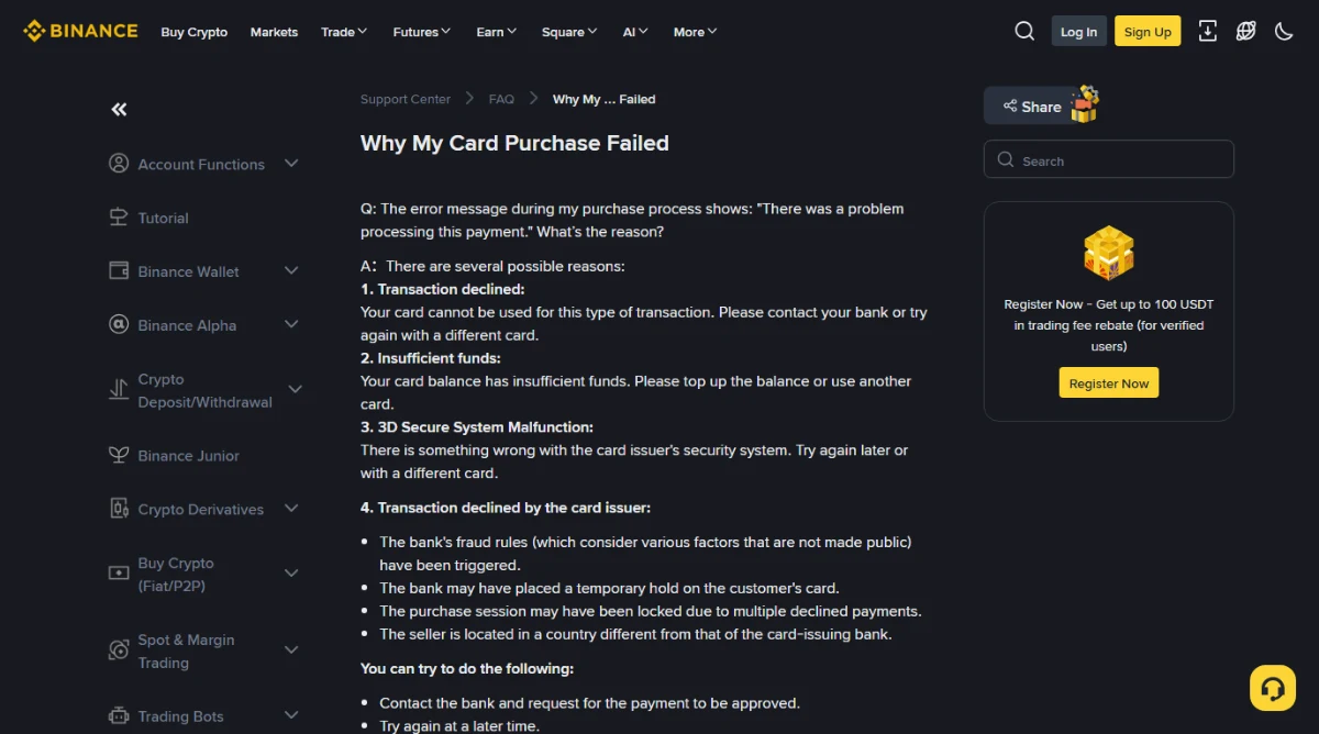 Binance support page titled Why My Card Purchase Failed, listing four reasons: transaction declined, insufficient funds, 3D Secure system malfunction, and transaction declined by the card issuer