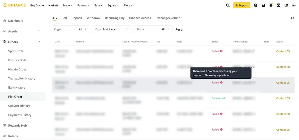 Binance Fiat Order history on the web, with columns for date, method, spend and receive amount, fee, price, status and transaction ID; most rows marked Failed and one Successful, with a tooltip reading There was a problem processing your payment