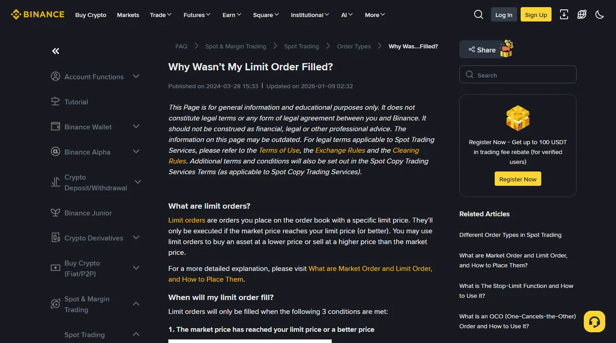 Binance support page headed Why Wasn&rsquo;t My Limit Order Filled, with the section When will my limit order fill and the line that limit orders will only be filled when the following 3 conditions are met