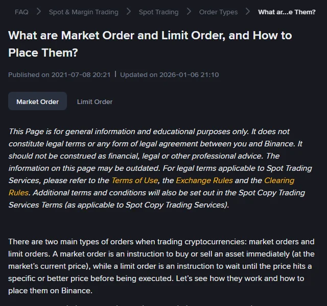 Top of the Binance support page What are Market Order and Limit Order, and How to Place Them, with its breadcrumb Spot and Margin Trading, Spot Trading, Order Types and the line Updated on 2026-01-06