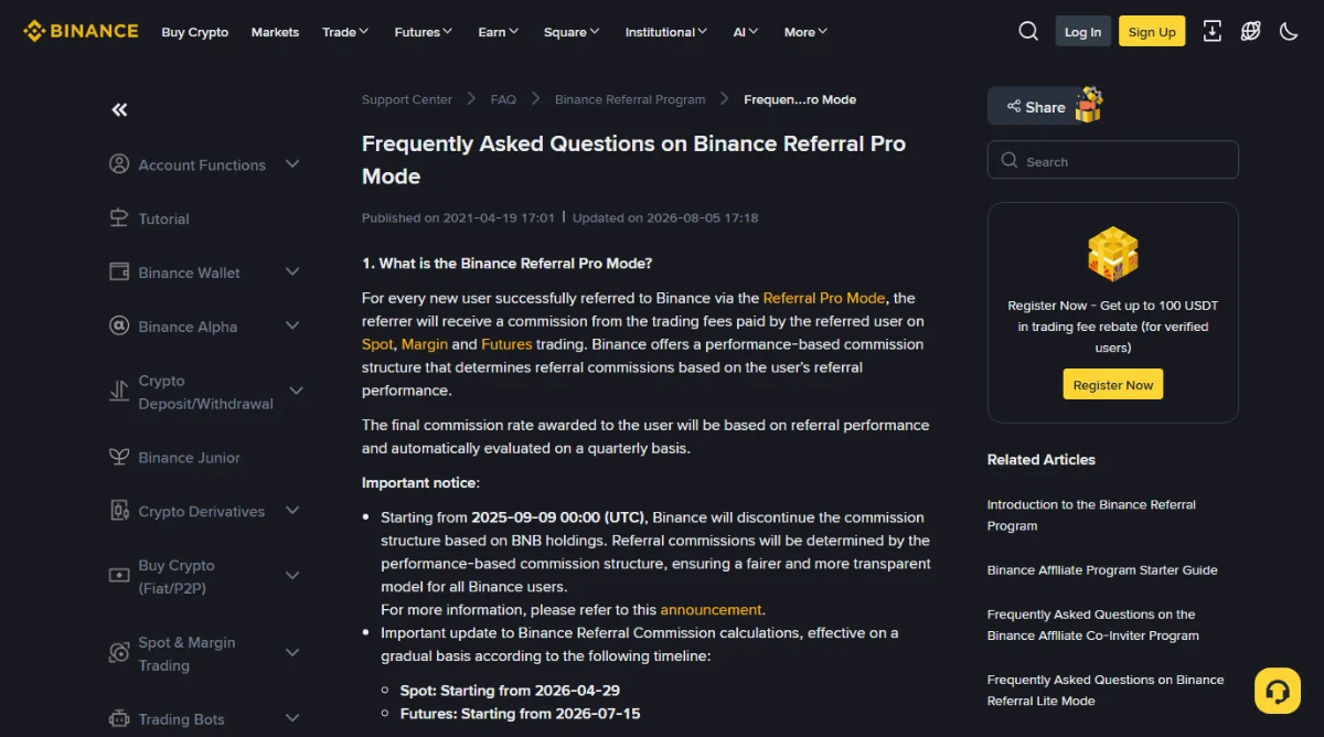 Public English Binance Referral Pro FAQ, showing its title and August 2026 update date; no account is signed in
