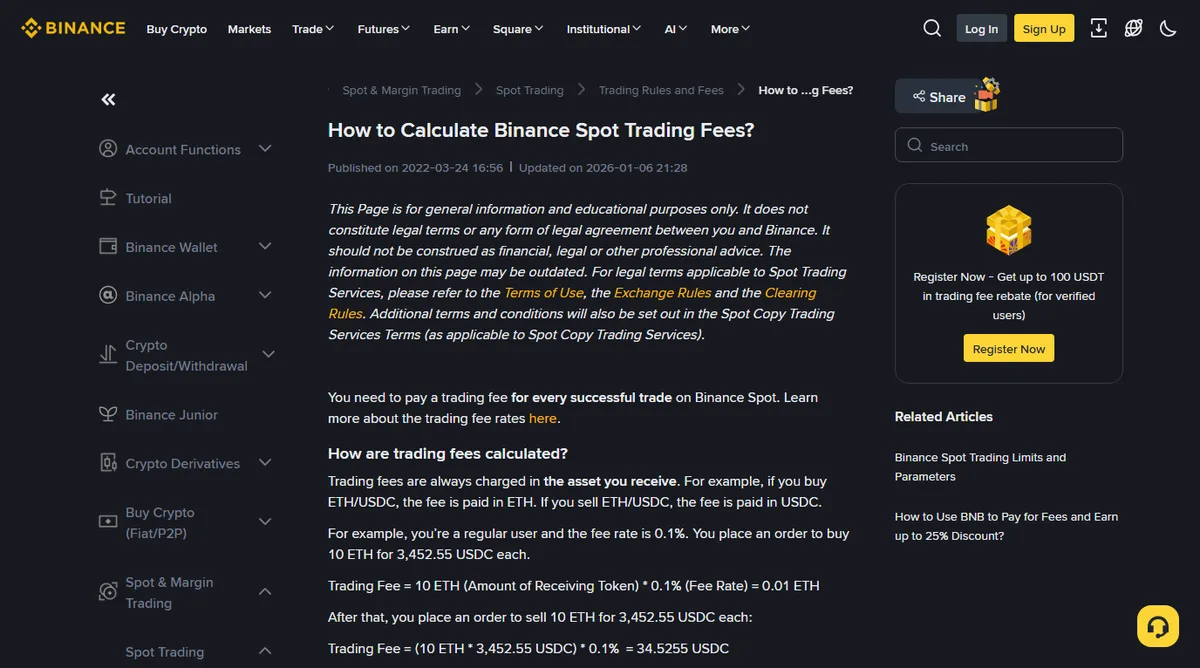 Binance support page How to Calculate Binance Spot Trading Fees, showing the line that trading fees are always charged in the asset you receive and a worked example at a 0.1 percent rate